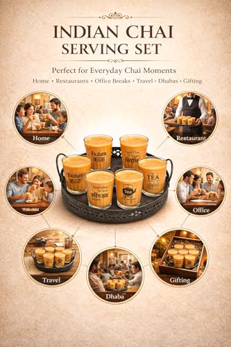 Image of Set of 6 Cutting Chai Glasses with Metal Stand Tray, Tea Glass Set of 6 with Stand and 1 Bowl, Tea Glass Holder Carrier (Wrought Iron), 120 Ml