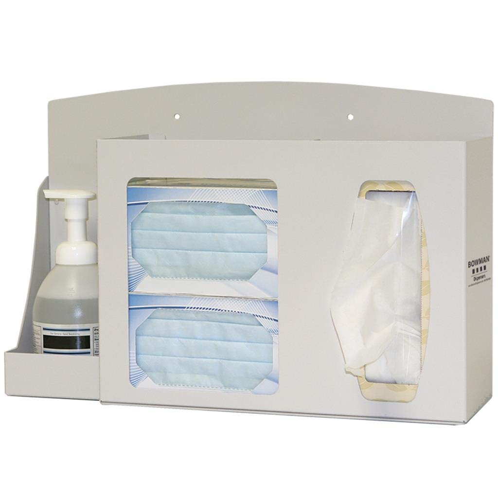 Respiratory Hygiene Station holds 1 sanitizer, 2 mask, 1-2 tissue boxes. Wall mount, place on counter, or mount to BOWMAN® Floor Stand Quartz Beige Powder Coated Steel Dims: 5.06"L x 17.91"W x 11.75"H