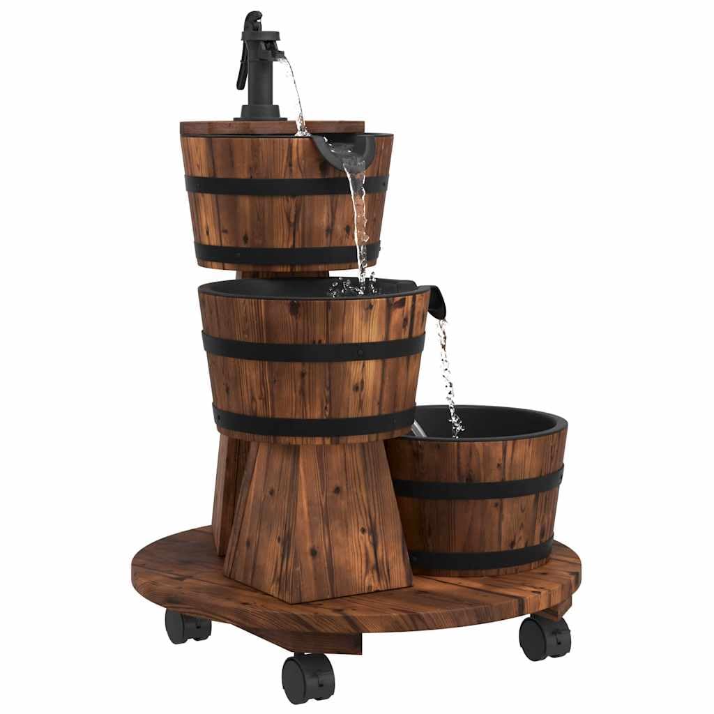 Mangloder Fontana da Giardino con Ruote e Pompa in Legno di Abete Massiccio Effetto Bruciato, 55 x 55 x 80 cm, Cascata a 3 Livelli per Giardino, Terrazzo, Esterno, Fontana Decorativa e Gioco Acqua