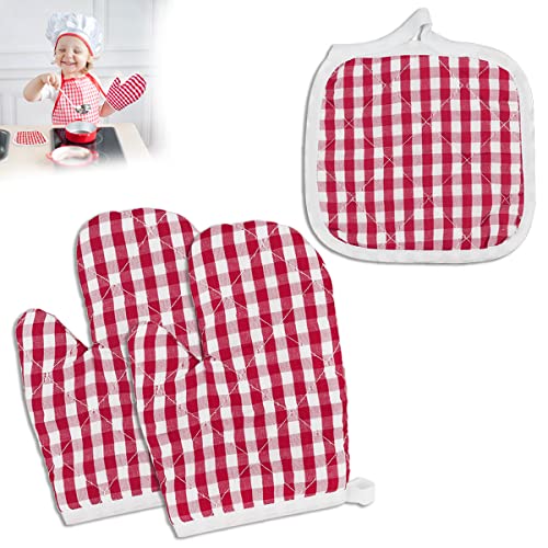 Doerdo 3 Pack Kid Oven Mitts For Children Heat Resistant Kitchen Mitts And Hot Pads, Great For Cooking Baking, Age 4-12 (7"X4.7", Red) #TOP14