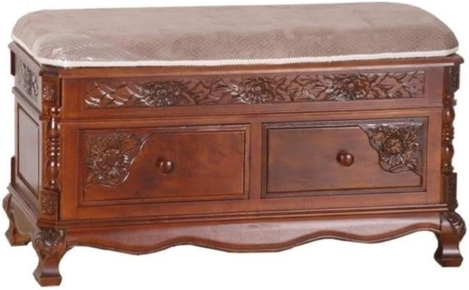 Pemberly Row 2 Drawer Storage Bench, Walnut Stain Finish, Hardwood Construction, Foam Padded Seat, Polyester Cotton Fabric, Hand Carved Bedroom Bench with Storage, 36 in x 17 in x 20 in