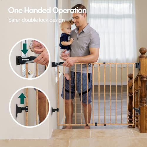 Babelio Baby Gate for Stairs, Kitchen & Doorways, 26-41" W 28" H No Bottom Bar| Easy Installation| One-Handed Operation| Auto-Close| Hardware Mount Safety Dog/Pet Gate Indoor (Brown Wood Pattern)