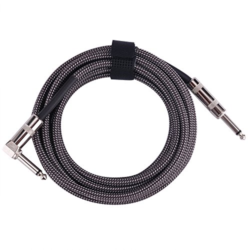 AvimaBasics Premium 15 Foot Guitar Instrument Cable - Right Angle 1/4-Inch TS to Straight 1/4-Inch TS 15 FT Tweed Cloth Jacket - 15 Feet Pro Cord 15' Phono 6.3mm - Single (Black)