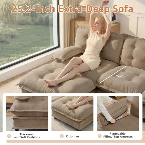 Image of 107 inch Sectional Couches for Living Room, Light Coffee 3 Seater Modern Chenille Deep Seat Sofa Set, Salas para Casa, High Back Cloud Couch Modular Sectional Sets