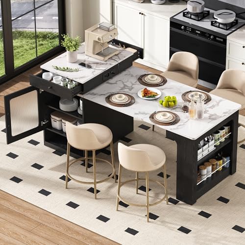 Ligterra Isla de cocina con asiento, mesa de comedor extensible con parte superior extraíble, mesa de bar, sirve como isla de cocina, aparador, aparador o mesa de bar para cocina y comedor (negro)