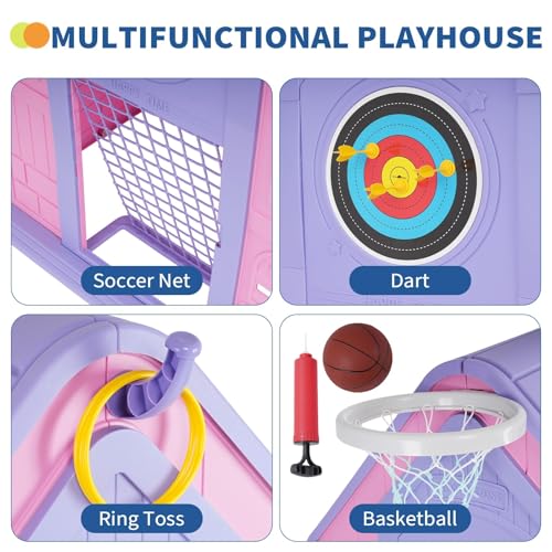 Charming Cottage Playhouse for Kids - Indoor Outdoor Play House with Basketball Hoop, Dart Board & Soccer Goal - Educational Role Play Toy for Kids 3-8Y