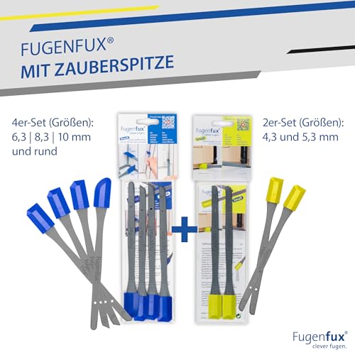 FUGENFUX® Kombi Meister-Set: Klassik 4er + Small – Spezial-Fugenabzieher – Fugenglätter für jede Größe – Fugenabzieher mit Revolutionärer Zauber-Spitze für Extrem Enge Stelle – Made in Germany