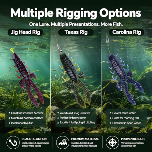 Image of Battle Craw Soft Plastic Crawfish Lures Kit with Removable Rattles | Salt Infused Creature Bait for Bass Fishing, Texas Rig & Jig Trailer Lure in Tackle Box, Realistic 1:1 Claw-to-body 4.1 /5.5in