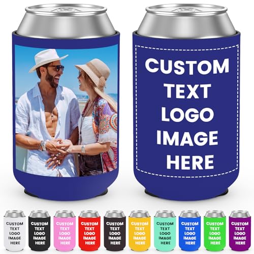 Enfriador de latas personalizado de neopreno para latas, color azul marino, plegable, aislado, para regalos de boda, cumpleaños, recuerdos de fiesta (paquete de 1)