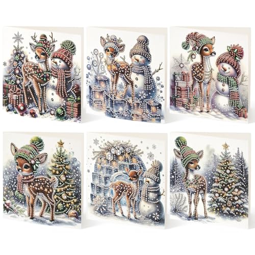 Kunoli 6pcs 5D Diamond Painting Christmas Greeting Cards for Adults, DIY Diamond Art Kits for Family Friends Christmas Xmas Birthday Gift (Deer)