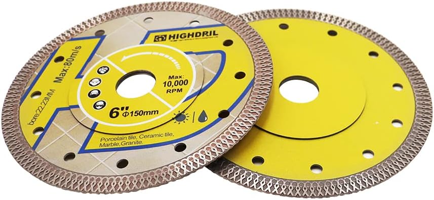 HIGHDRIL Diamond Saw Blade - 2pcs 6 Inch Diamond Tile Blade Disc Cutting Porcelain Tile Ceramic Granite Marble Dry or Wet Use Circular Saw Blade with Turbo X Mesh