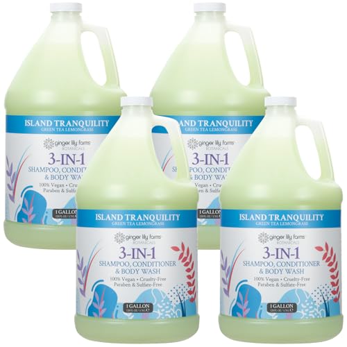 Ginger Lily Farms Botanicals 3-in-1 Shampoo, Conditioner & Body Wash, Island Tranquility, 100% Vegan & Cruelty-Free, Green Tea Lemongrass Scent, 1 Gallon (Pack of 4)