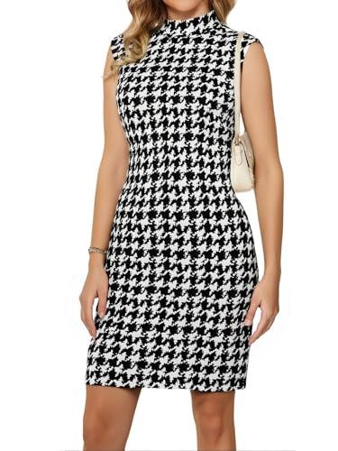 Women's Elegant Houndstooth Print Mock Neck Dress Sleeveless Business Casual Bodycon Mini Dress