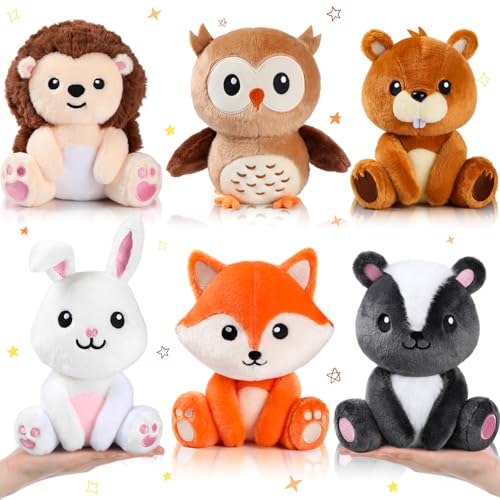 Image of RoundFunny 6 Pcs Safari Animals Toys 7 inch Stuffed Animals Set | Owl Rabbit Fox Beaver Hedgehog Skunk Large Animals Plush Toy for Safari Baby Showers Party Decor, Birthday Gifts Awards