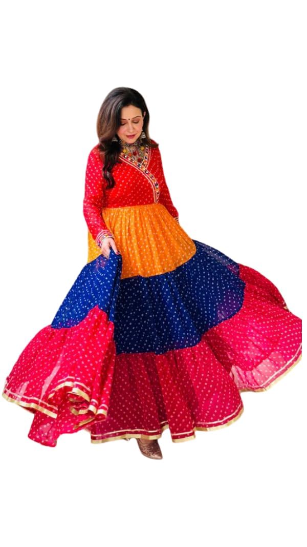 Women Georgette Fully Stitched Anarkali Gown with Embroidered Lace Border, Mirror Work, Ruffle Style, Multicolour Ethnic Long Dress for Wedding, Party, Traditional Functions-image-33