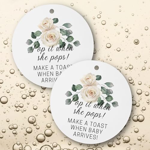 Pop It When She Pops Champagne Tag | 30 Pack | 2.5\" inch Circle Tag with Pre-Cut Hole | Baby Shower Party Favor Tag | White Rose Design for Baby Shower Party Favor