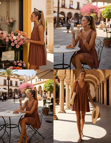Image of Womens Babydoll Dress Summer Sleeveless Mini Dress Casual Loose V Neck Swing Flowy Beach Sundresses with Pockets