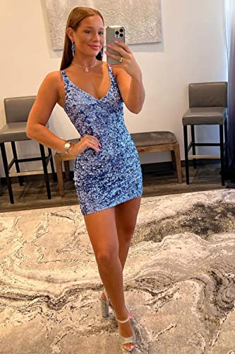 Yorformals Teal Homecoming Dresses Short Sparkly V-Neck Sequins Backless Prom Party Gowns Size 12 #TOP4