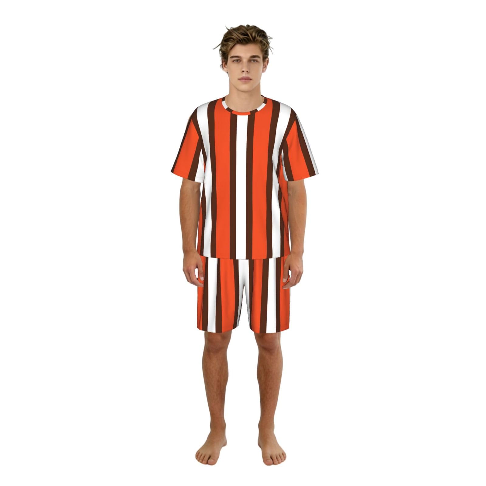 Ensemble de pyjama pour hommes en maille douce extensible rayée orange et blanc - 8