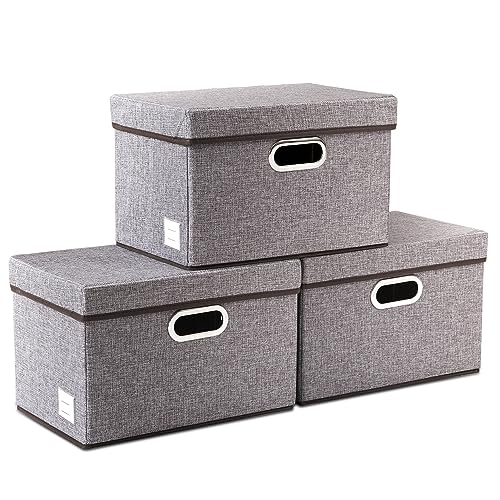 PRANDOM Foldable Storage Boxes with Lids [3-Pack] Linen Fabric Collapsible Storage Bins Organizer...