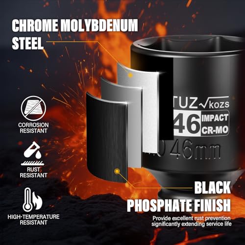 Image of 1 /2 Inch Drive 46mm Deep Metric Impact Socket,CR-MO,6 Point Radius Corner Design,Square Chamfered Opening,Axle Nut Impact Grade Socket for Easy Removal
