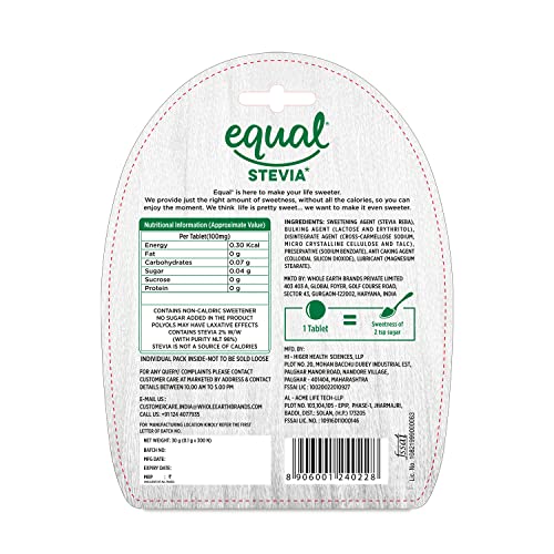 Image of Equal Stevia 300 Tablets | Plant-Based 100% Natural Sweetener | Sugar Free | Diabetic Friendly (Pack of 1)