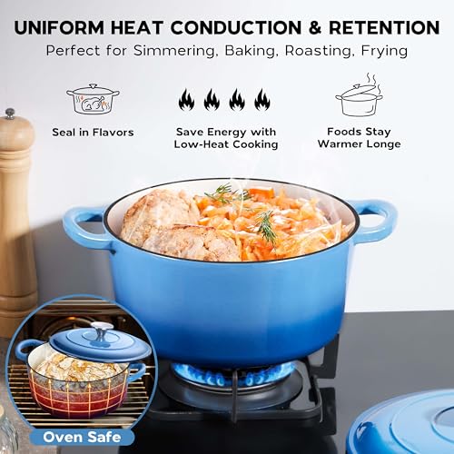 Onader 6QT Enameled Cast Iron Dutch Oven Pot with Lid, Round Dutch Oven for Bread Baking, Heavy Duty - Blue