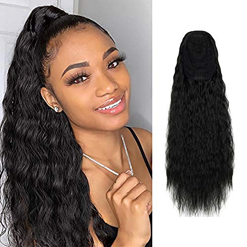 Long Curly Drawstring Ponytail Extension 22 inch Synthetic Corn Wave Ponytail Drawstring Hairpieces Clip in Wavy Natural Hair Extensions for Women (1B#)