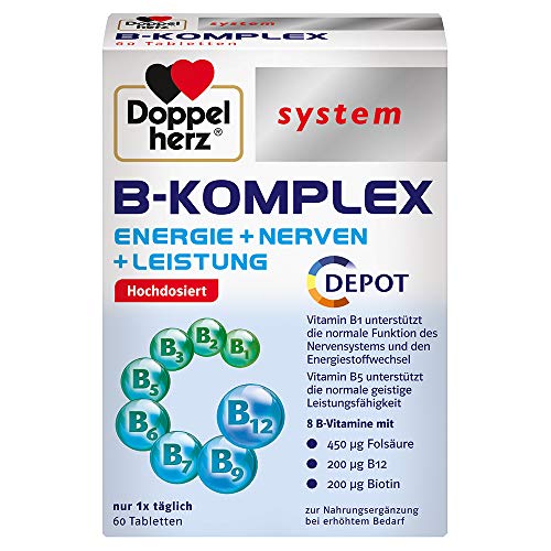 Doppelherz system B-KOMPLEX – ENERGIE + NERVEN + LEISTUNG – B-Vitamine unterstützen die normale Funktion des Nervensystems und den normalen Energiestoffwechsel – 60 Tabletten