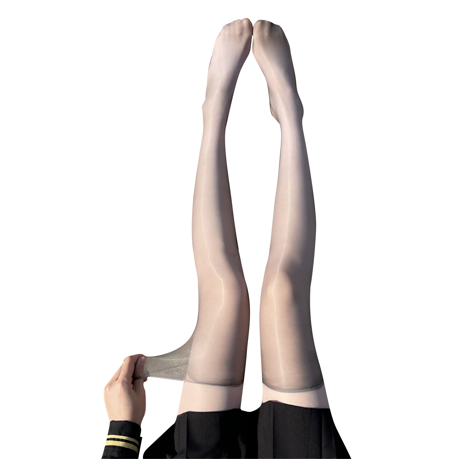 Yupeiukli Women's Grey Oil Shiny Sexy Ultra-Thin Sheer Thigh High Stockings Silky See-Through Transparent Over Knee Socks Glossy Hosiery