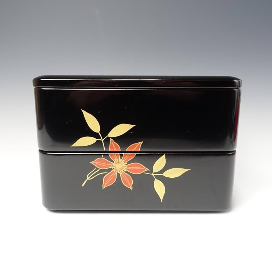 能登輪島塗 黒塗 内朱塗 鉄線蒔絵 七寸 二段重箱 共箱付 天然木製漆器 能登輪島塗 黒塗 内朱塗 鉄線蒔絵 七寸 二段重箱 共箱