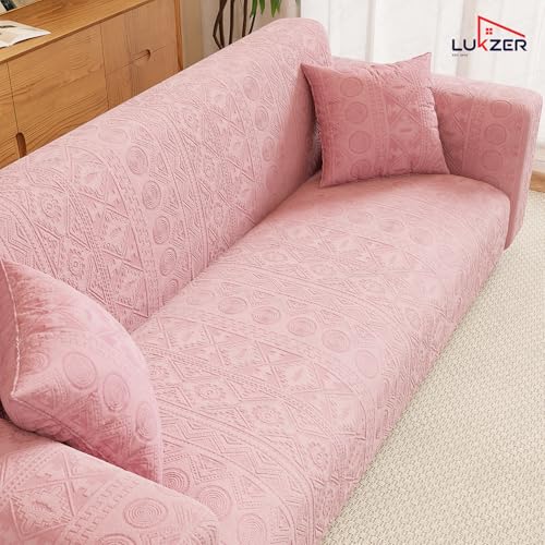 Image of Lukzer 3 Seater Pastel Pink Tribal Pattern Sofa Cover | 240 GSM Universal Stretch Fit Jacquard Fabric Couch Protector | Fully Covered Anti Slip & Washable Sofa Cover (180-230cm /SC-073-03)