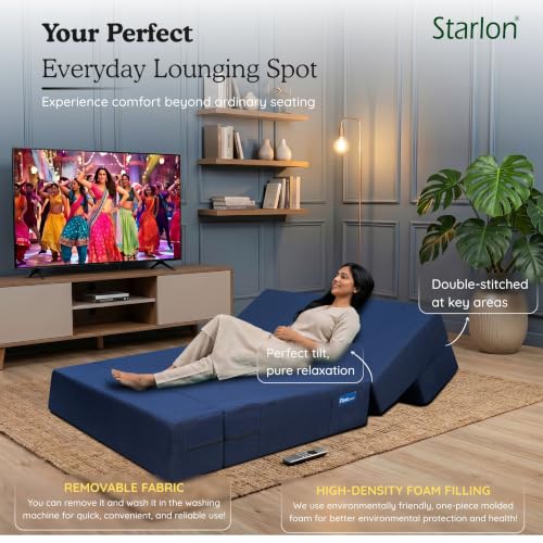 Image of Starlon 3 Seater Foldable Sofa Cum Bed 3-in-1 with Washable Jute Fabric Cover, Space Saving Guest Bed for Living Room & Apartment, Pre-Assembled Royal Navy Blue 5x6 Ft