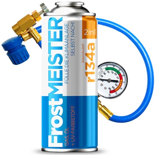 FrostMEISTER 2en1 – Kit de recarga para aire acondicionado de coche 400 ml incl. manómetro y manguera para R134a (1995–2016) – Aplicación rápida, fácil y segura