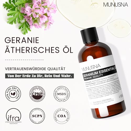 Ätherisches Öl Geranienöl 100ML, MUNUSNA Ätherische Öle Geranie für Diffuser Rein Naturrein, Geraniumöl für Hautpflege, Raumdüfte, Duftöl für DIY Seife, Kerzen, Massage, Geranium Oil