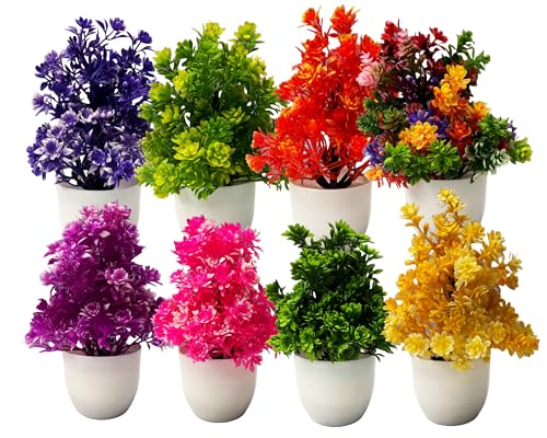 Dekorly Plantas artificiales multicolor en maceta, paquete de 8 plantas de eucalipto artificiales de plástico pequeñas plantas de interior en maceta, pequeñas plantas de imitación para decoración del