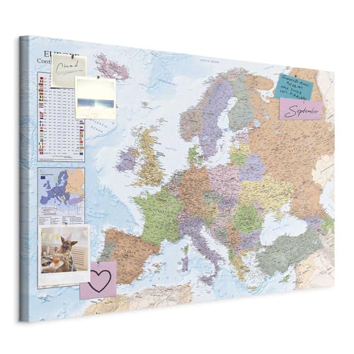 murando - Mapamundi con tablero para clavar chinchetas 90x60 cm - Cuadro en Lienzo estructurado - 1 parte - Panel de Fibra - Mapa del Mundo Continente - Europa k-A-0136-v-a