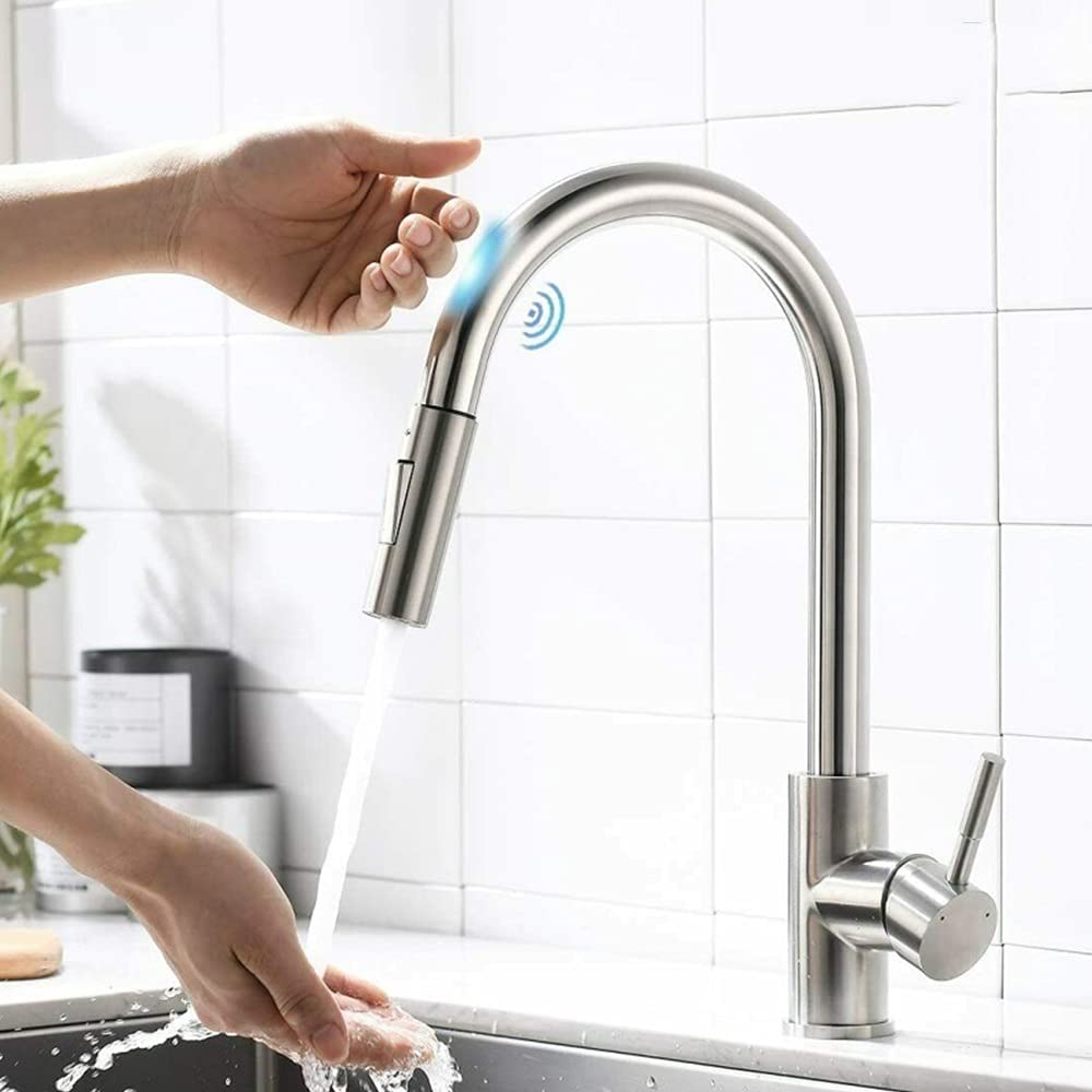 QHQQXN Wyciągana bateria kuchenna z czarnym czujnikiem, bateria mieszająca ze stali nierdzewnej Smart Touch Control, łatwa instalacja indukcyjna bateria zlewozmywakowa do nowoczesnych kuchni