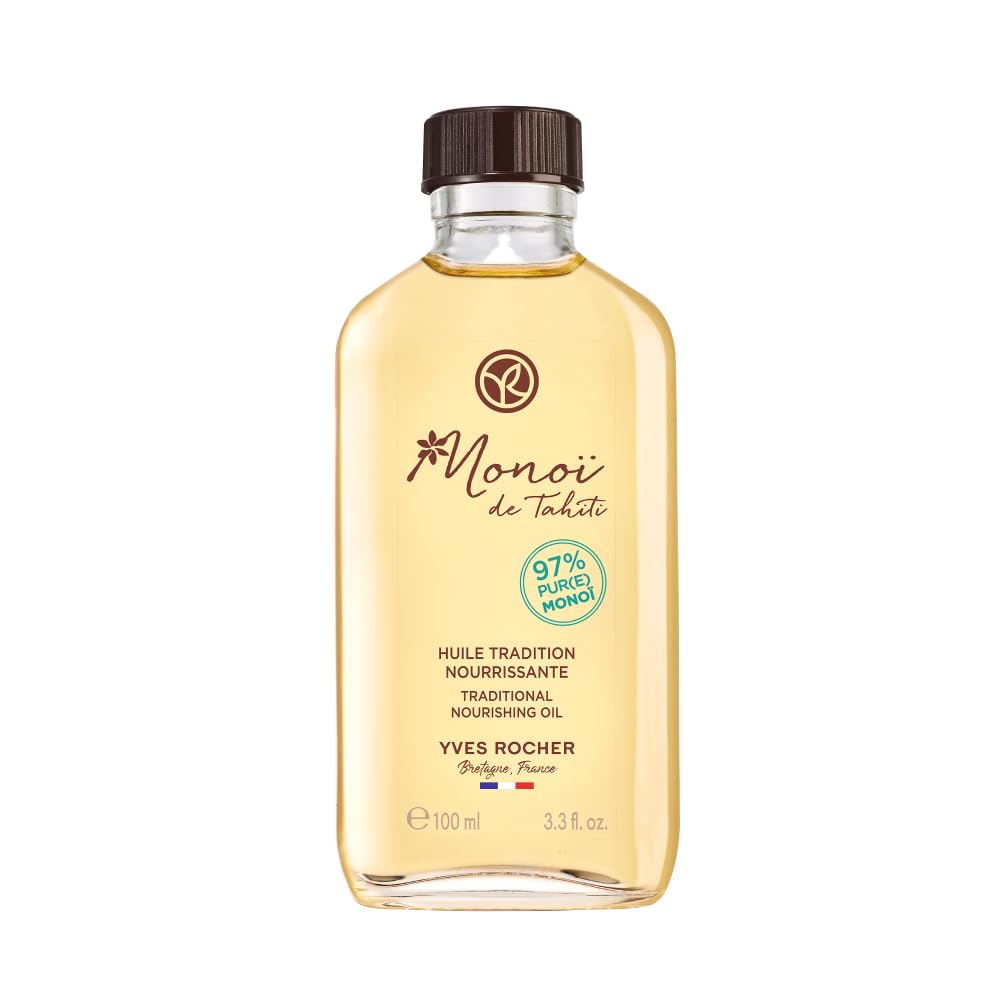 Yves Rocher Olejek odżywczy do ciała i włosów Monoi – 97% czystego Monoï z Tahiti – Intensywne odżywienie i nawilżenie, satynowa miękkość – Szklana butelka do recyklingu – 100 ml