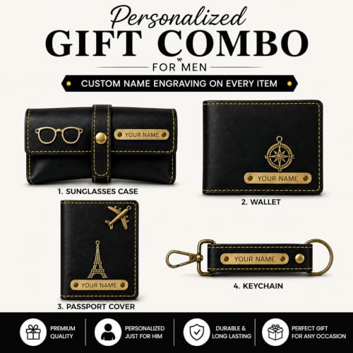 Image of Customized Wallet Gift Set for Men | Personalized Wallet, Passport Cover, Keychain & Sunglass Cover | Gift for Husband & Boyfriend