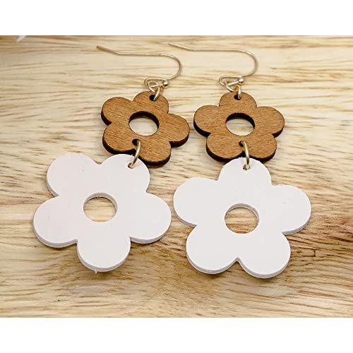 Bello Bee Double Flower Fashion Wood Leather Daisy Dangle Earrings 2’’. (White) #TOP3
