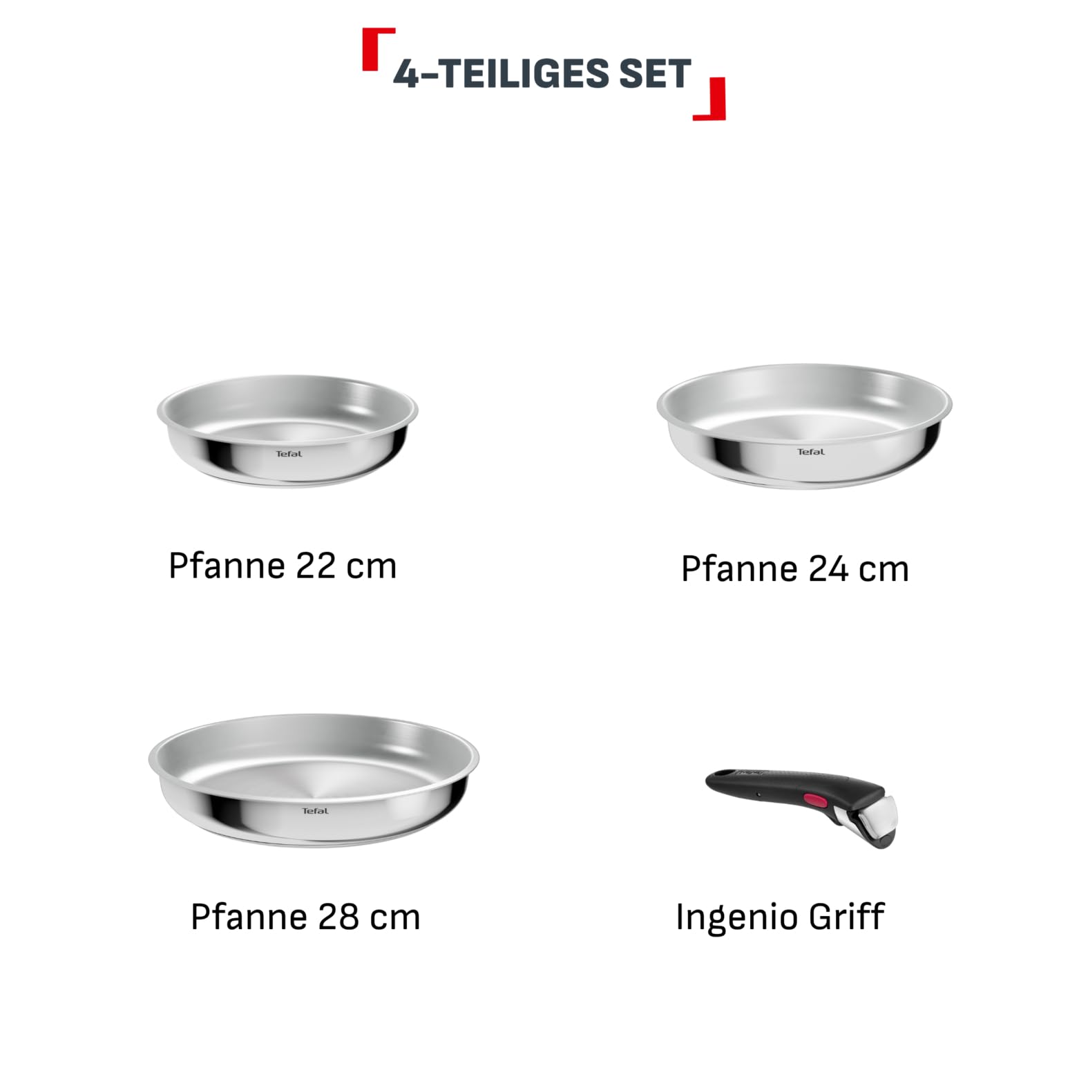 Tefal Ingenio Comfort Max 4-tlg. Pfannen-Set, unversiegelt | extrastarker Boden, platzsparend, für alle Herdarten, sicherer Griff, mühelose Reinigung, Edelstahl, L968S434