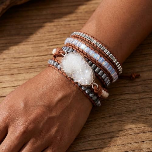 Image of YGLINE Natural Stone Beaded Healing Wax String 5 Wraps Bracelets