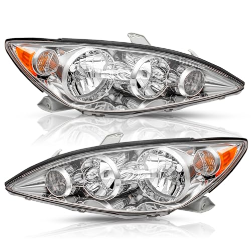 TUSDAR Fits For 2005 2006 Toyota Camry Headlights Replacement 05 06 Camry LE XLE SE Headlight Assembly Chrome Housing with Amber Reflector