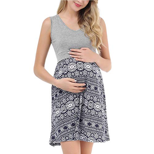 SO-buts Women's Maternity Nursing Baby Pregnanty V-Neck Sleeveless Casual Splicing Floral Print Dress Mini Dresses (Gray,L)