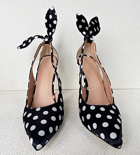 Frankie Hsu Sexy Cute Vintage Classic Stiletto High Heeled Pumps, Black Satin Polka Dots Bow Knot Fashion Vacation Style, Big Large US4-14 Size Slingback Dressy Spike Shoes for Women Men2