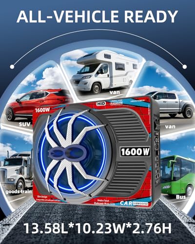 Image of 1600W Slim Underseat Car Subwoofer and Amp Package, Powered Under Seat Subwoofer with Built-in Class D Amp, Subsonic Deep Bass, High Excursion, Cast Aluminum, for Truck /SUV /Car Audio System