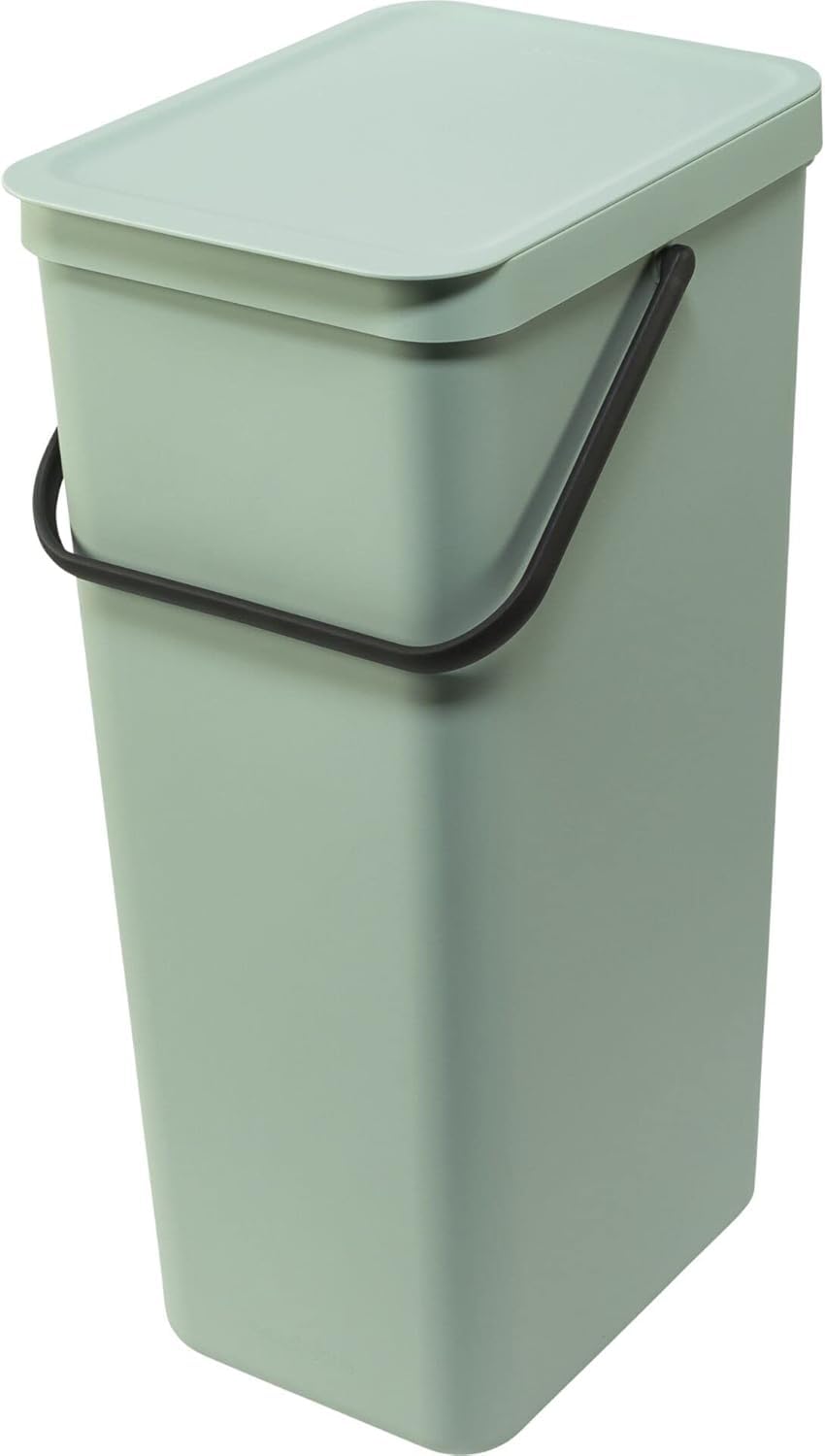 Brabantia Sort & Go Recycle Bin 40L (Jade Green), Space-Efficient Plastic Recycle Container with Handle, Removable and Stay-Open Lid, Easy to Clean Kitchen Bin without Nooks and Rims