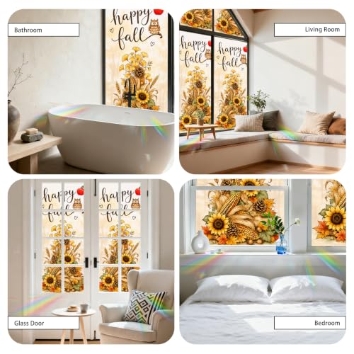 Image of Nuxovilar Fall Window Cling 17.7 x 39.4 in, White Frosted Harvest Owl | White frosted PVC helps obscure views for privacy, with an owl, sunflowers, corn and pinecones for classic harvest decor