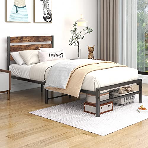 Verfarm Platform Twin Metal Bed Frame With Rustic Vintage Wood Headboard, Mattress Foundation, Strong Metal Slats Support, No Box Spring Needed #TOP2